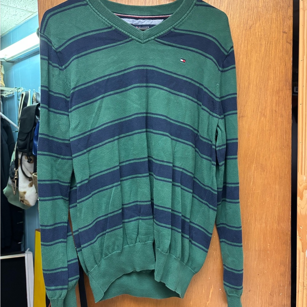 Tommy Hilfiger V-Neck Green and Blue Sweater